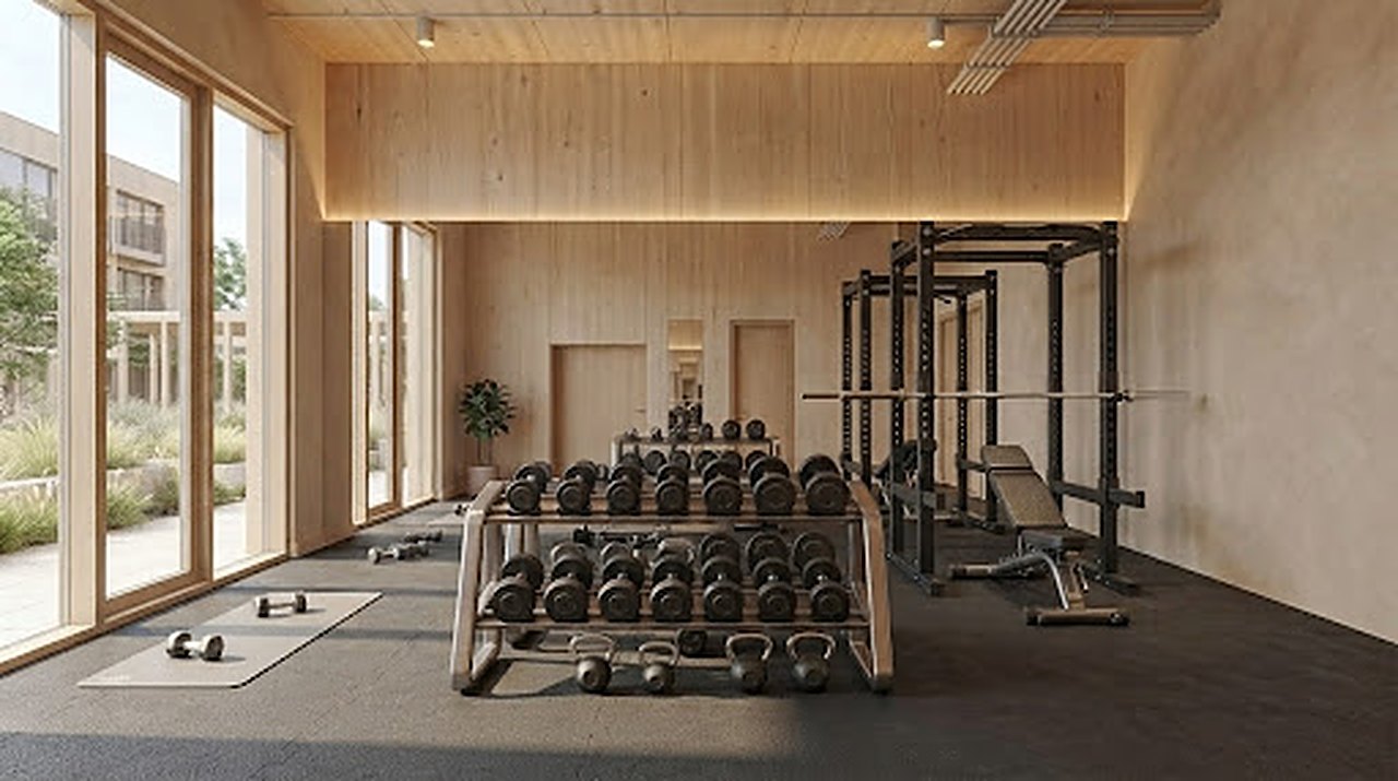 Fundo do ginásio: zona de pesos livres com suporte de halteres, kettlebells, power rack e banco