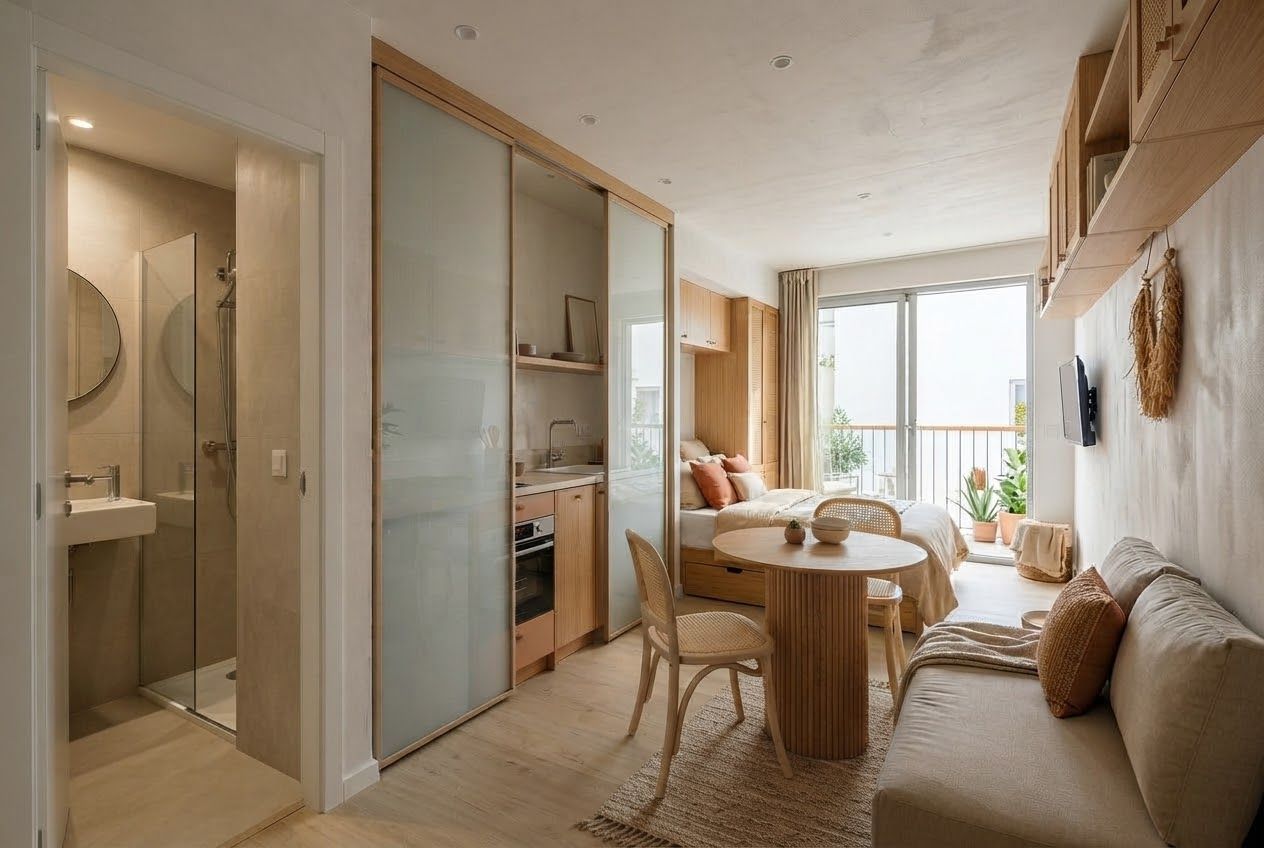 Interior de estúdio T0 com casa de banho à entrada, kitchenette atrás de portas de vidro fosco, cama de casal e porta de varanda